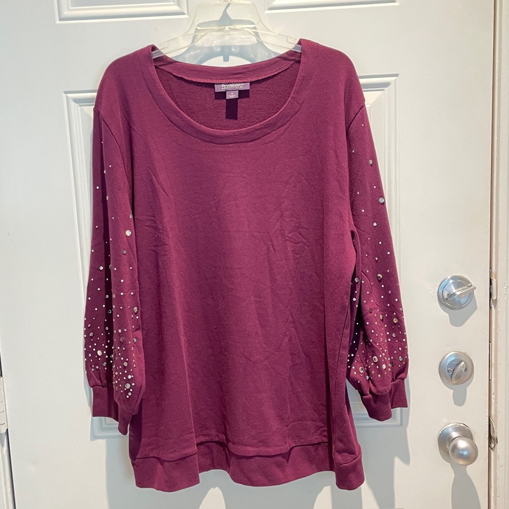 Roaman's Maroon Jewel Sparkle Rhinestone Studded Sleeves Sweatshirt Top Size 12